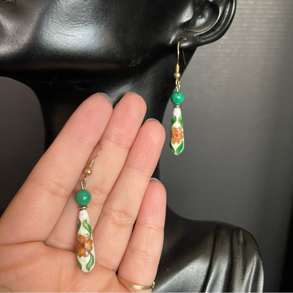 Cloisonné dangle drop green 2 inch earrings